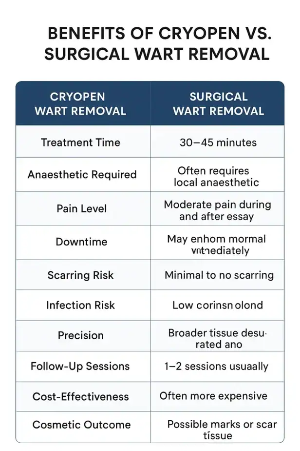 Table showing the benefits of cryopen to remove warts Sale compared to surgical treatment